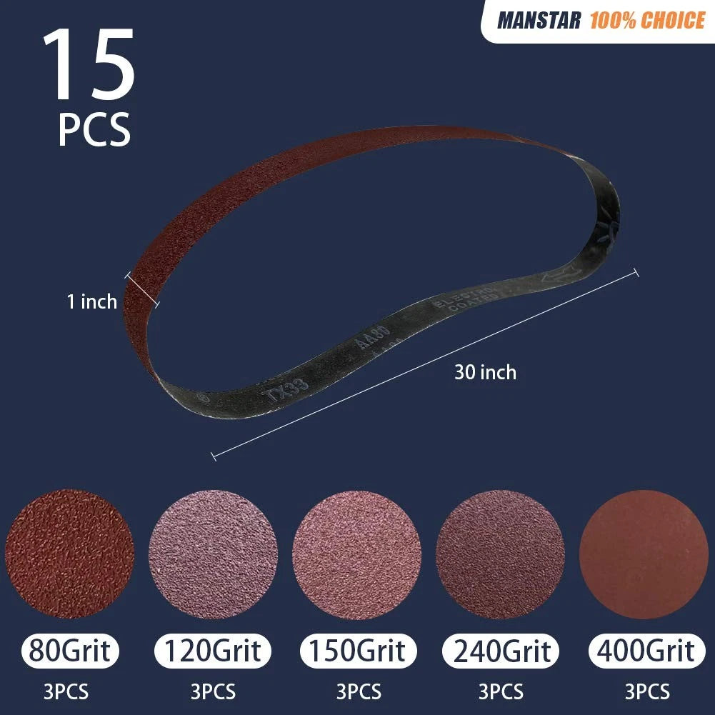 15 Pcs Sanding Belts for 1x30 Inch Sander (Assorted Aluminum Oxide)