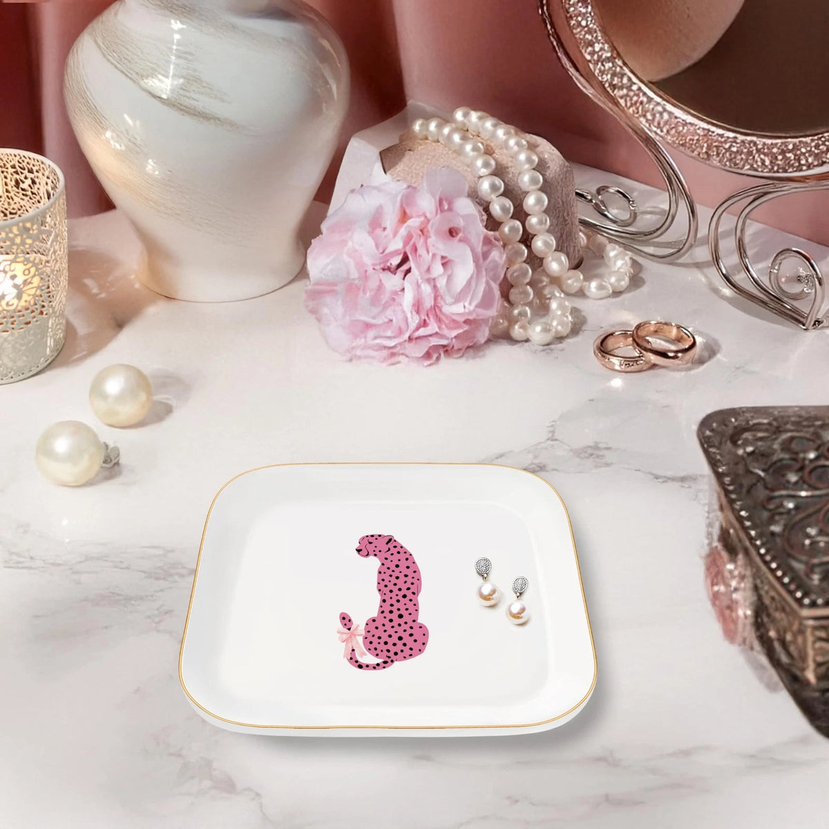 Jewelry Dish Tray for Pink Preppy Ceramic Trinket 4.6"