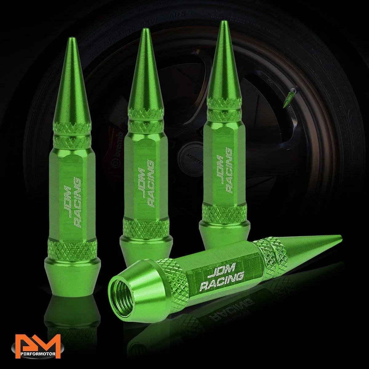 Set of 4 Green Aluminum Spiked Tire Valve Stem Caps for Universal Fit