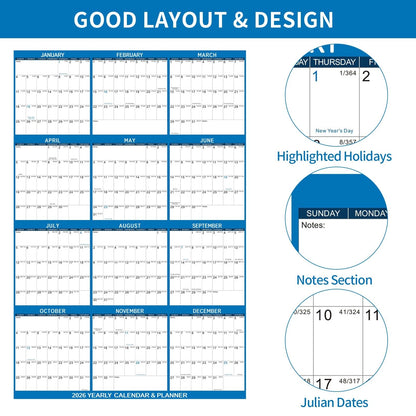 2026 Wall Calendar Dry Erase 24x36 Inch Annual Planner