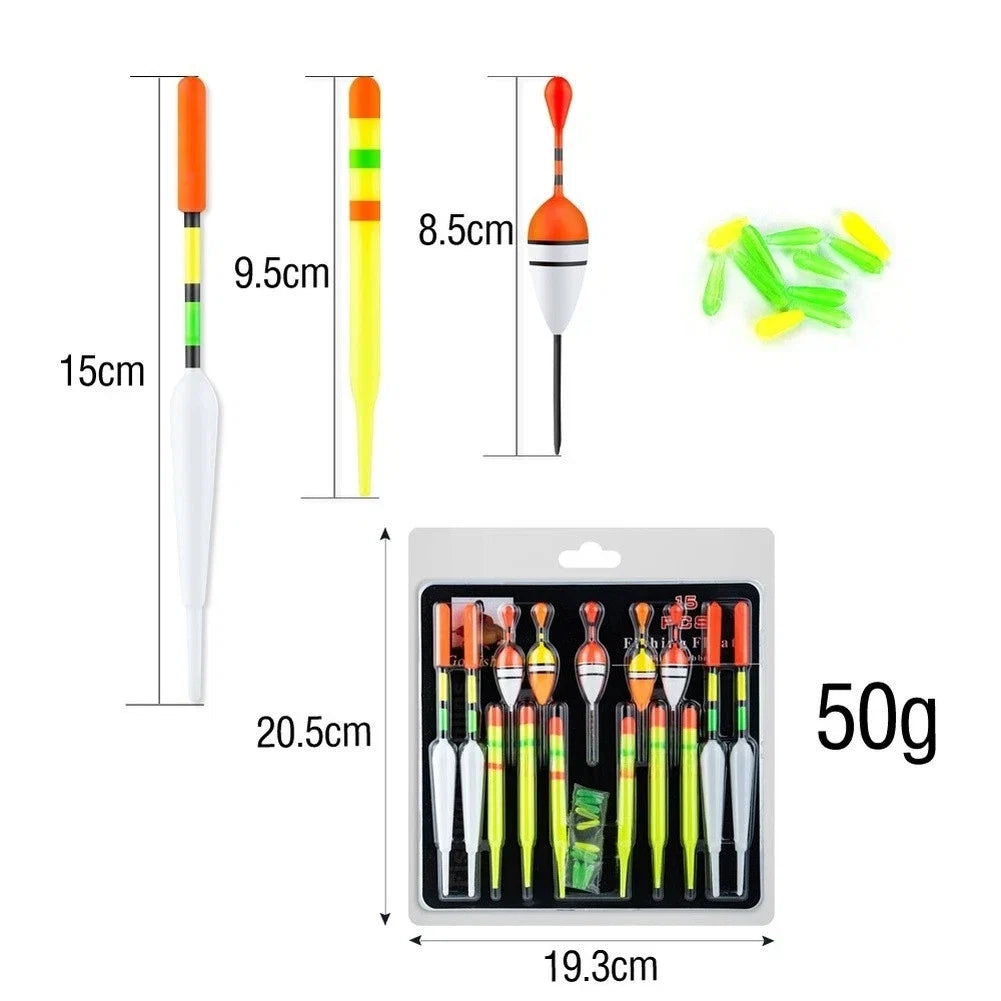 15 Piece Set of Fishing Floats Bobbers for Various Fishing Applications