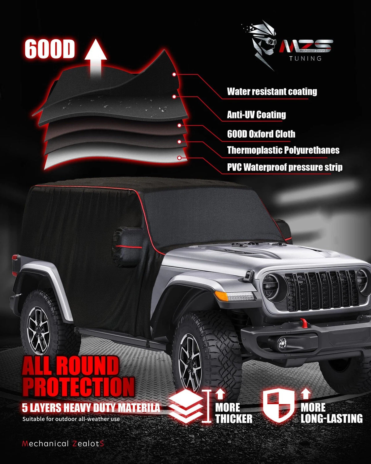 Waterproof Cab Cover for Jeep Wrangler JK JL 2 Door (2007–2026)