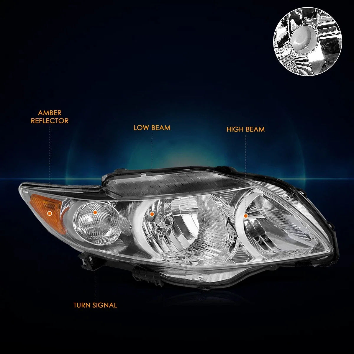 RH Passenger Side Headlight Lamp Chrome for Toyota Corolla (2009–2010)