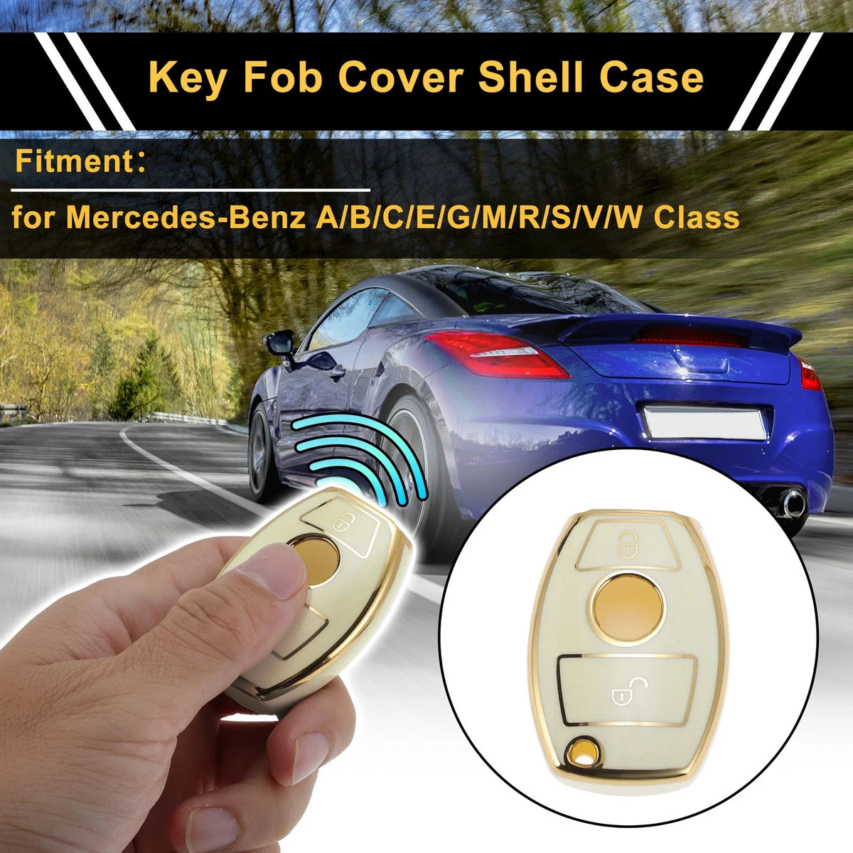 TPU Silicone Car Key Case for Mercedes-Benz (2 Buttons) - White/Gold Edge