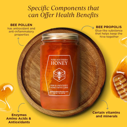 100% Raw Unfiltered Honey with Honeycomb 16 Ounce (Pack of 1)