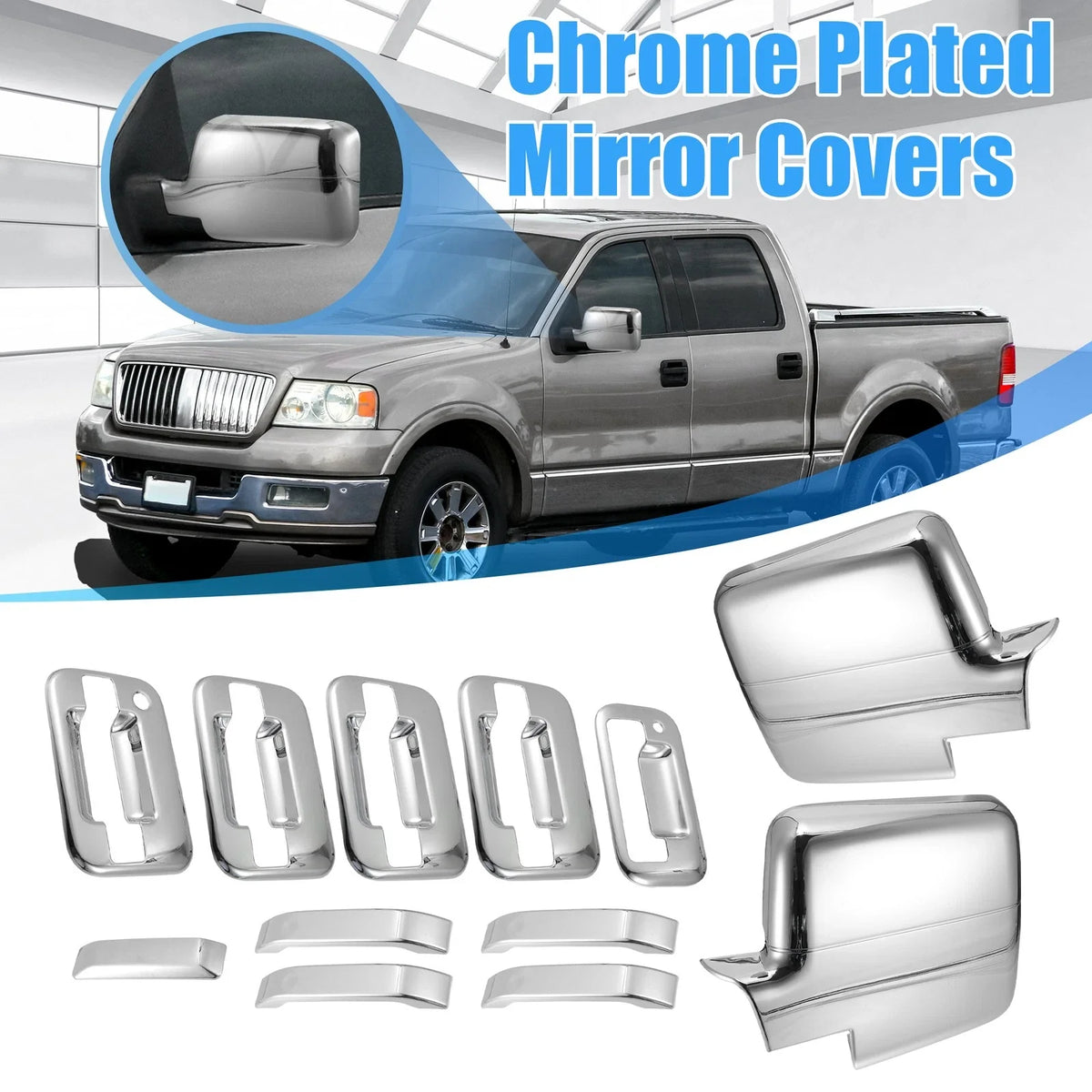 Set of 4 Chrome Mirror Covers & Door Handle Covers for Ford F-150 