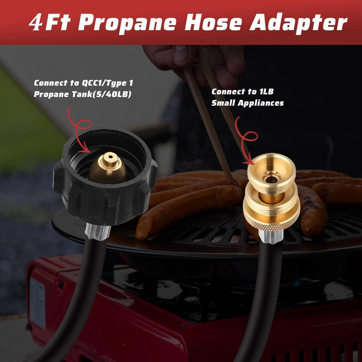 1lb to 20lb Propane Hose Adapter Converter, 4 Feet, Black