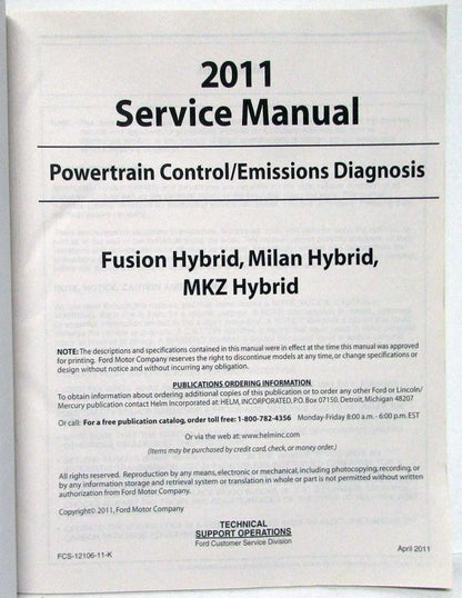Powertrain Control Emissions Diagnosis Service Manual for Ford Fusion (2011)
