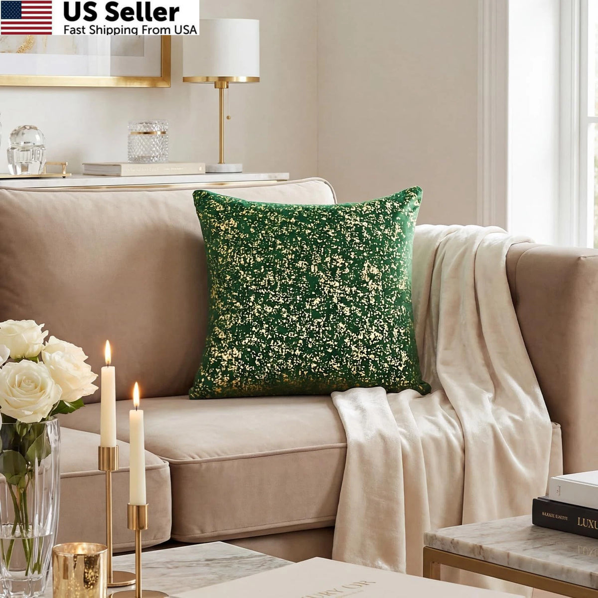 Pack of 2 Velvet Throw Pillows 18" x Green Gold Foil