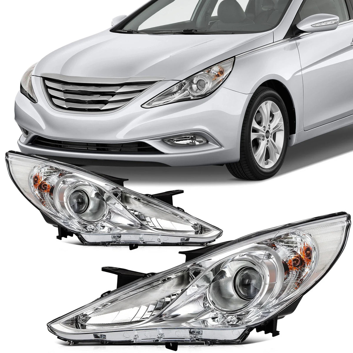 Set of 2 Chrome Amber Headlights Assembly for Hyundai Sonata (2011–2014)