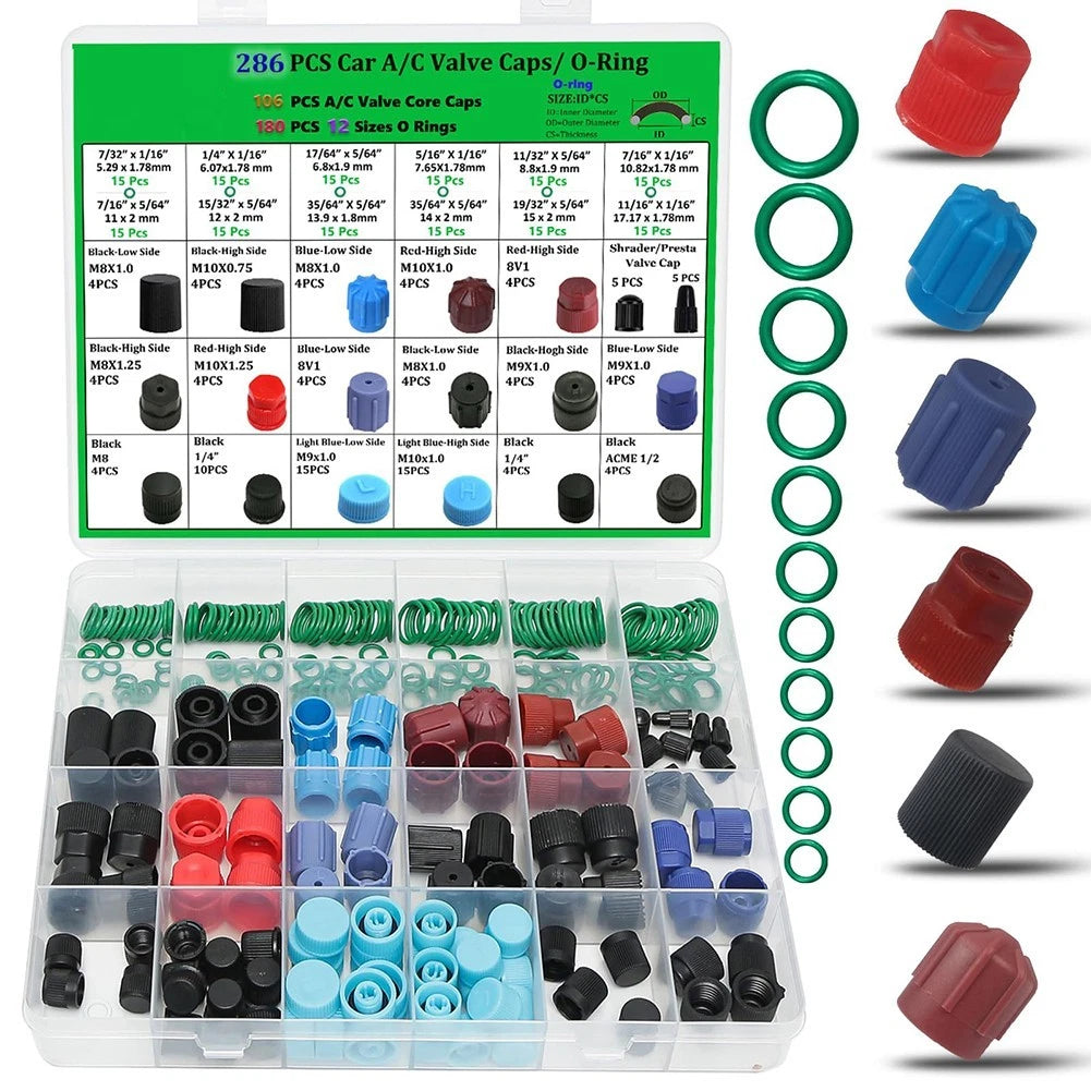 R134a Valve Cap Kit for AC System Maintenance (12 O-ring Sizes)