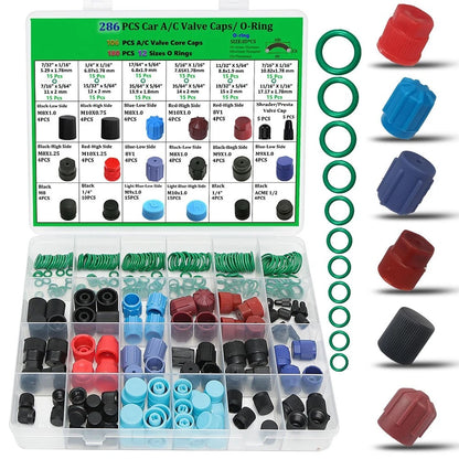 R134a Valve Cap Kit for AC System Maintenance (12 O-ring Sizes)