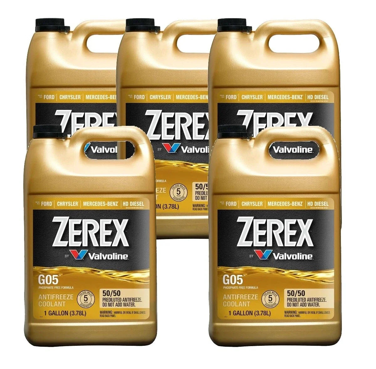 Set of 5 Gallons Zerex G-05 Coolant Antifreeze 50/50 Prediluted