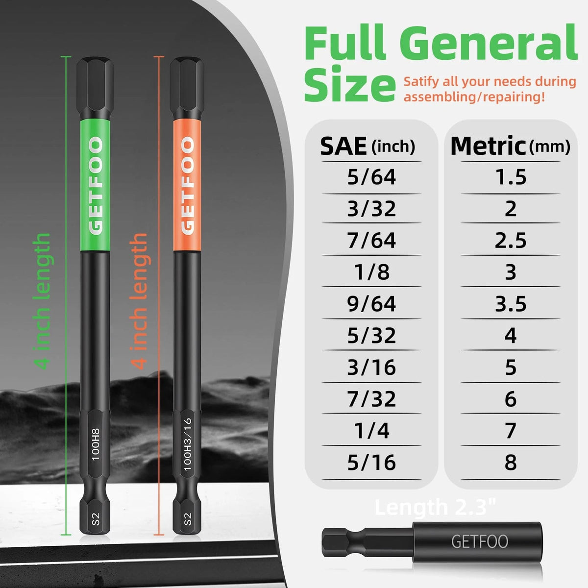 20 Piece 4" Long Hex Bits Set for Automotive Use (Metric & SAE)