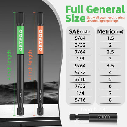 20 Piece 4" Long Hex Bits Set for Automotive Use (Metric & SAE)