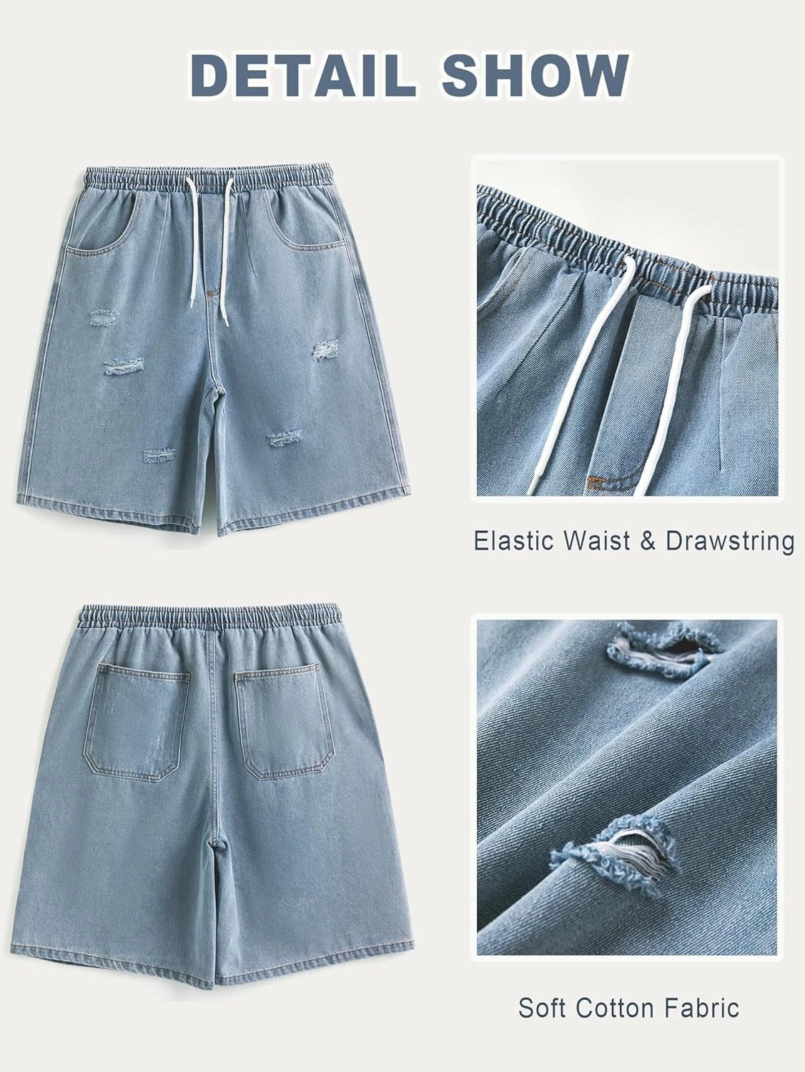 Men's Baggy Denim Shorts Elastic Waist Ripped Cargo Jorts Y2K Style