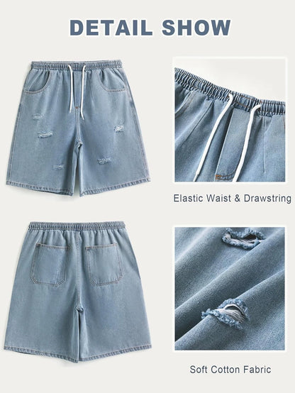 Men's Baggy Denim Shorts Elastic Waist Ripped Cargo Jorts Y2K Style