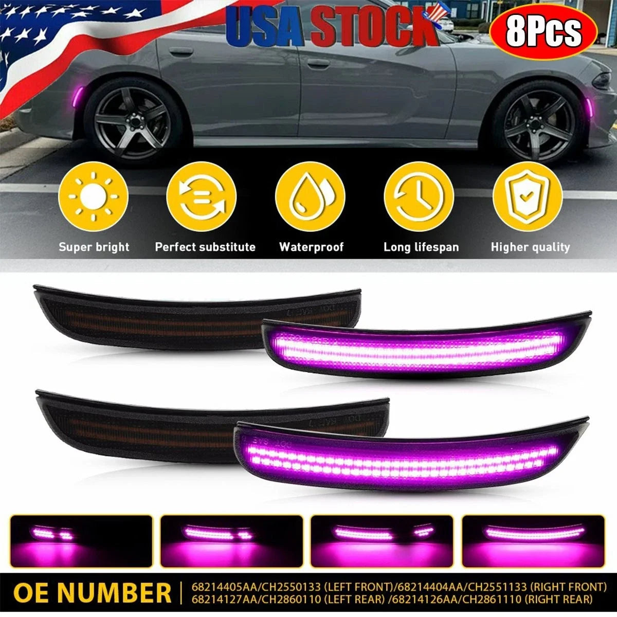 Set of 4 LED Side Marker Lights for Dodge Charger (2015–2023) Dynamic Purple