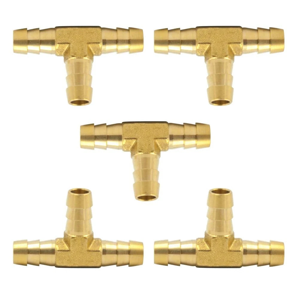 Set of 5 Brass Hose Barb Tee 1/4" x 1/4" x 1/4" Barbed Fittings