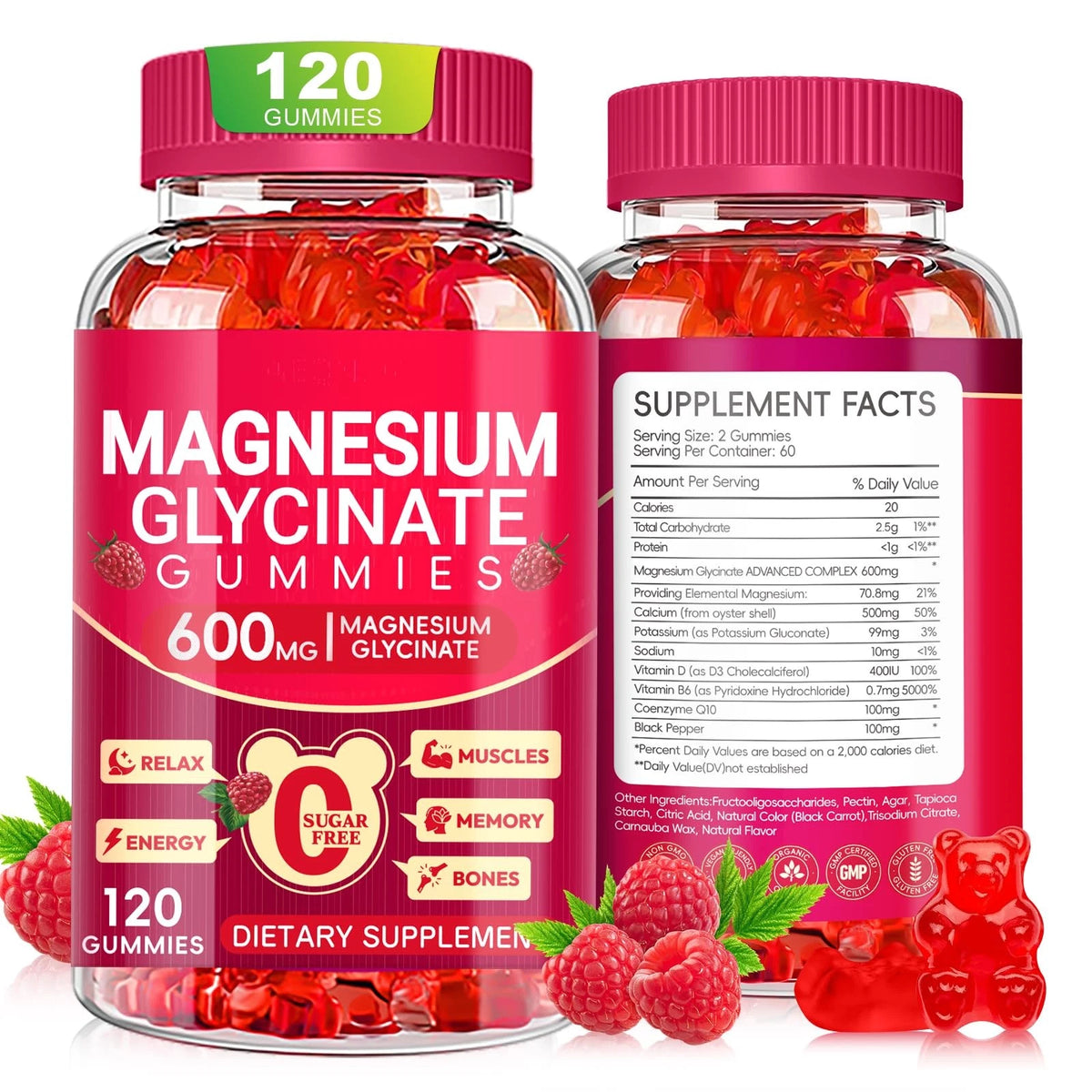 Magnesium Glycinate Gummies 600mg, Raspberry, 120 Count (Pack of 1)