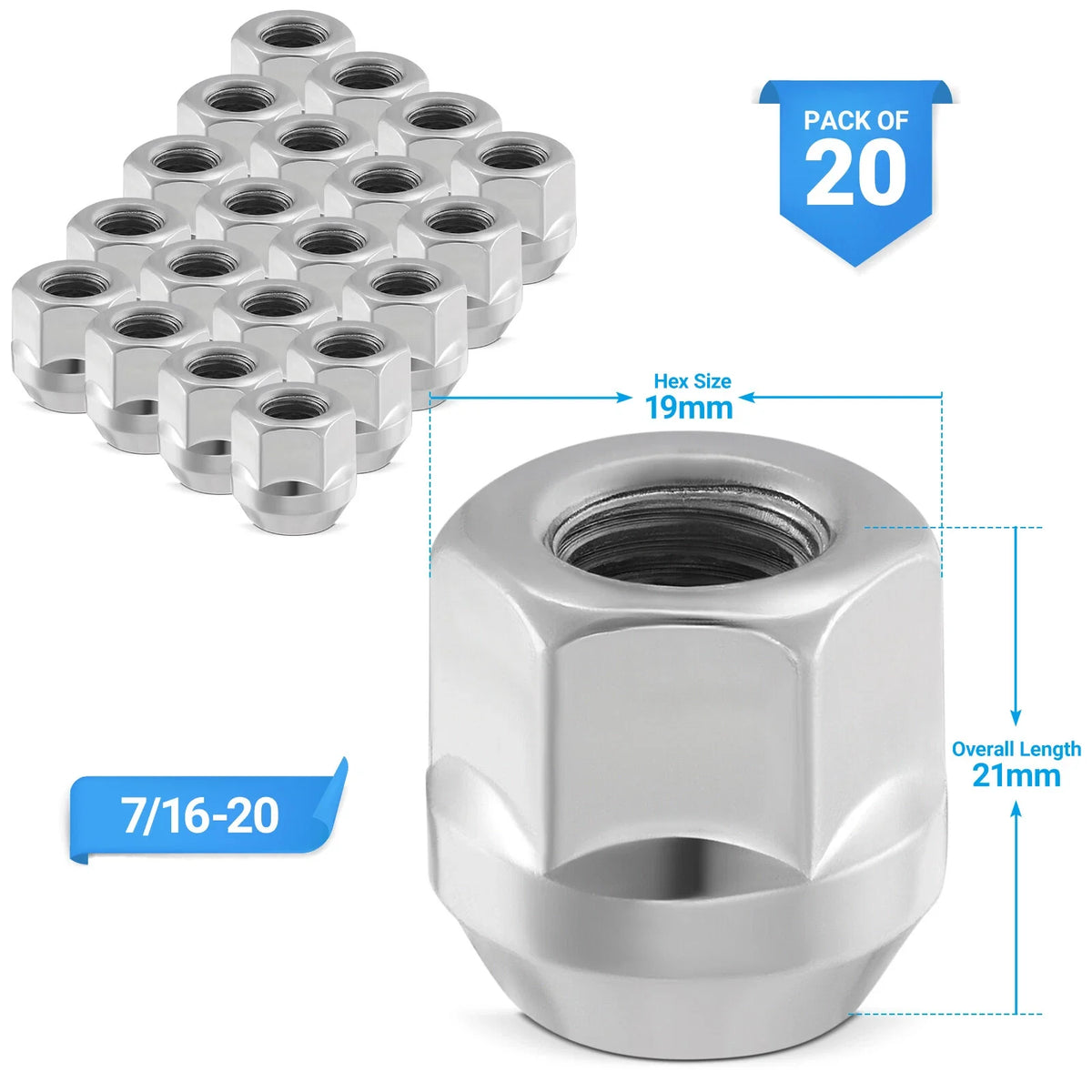 Acorn Wheel Lug Nuts for Chevrolet Malibu & Caprice (20) Chrome 7/16-20 (3/4") (2014–2019)