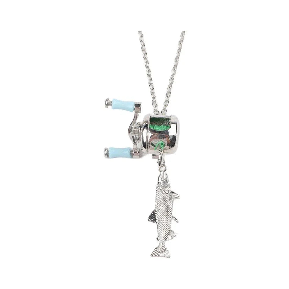 Fishing Reel Necklace Set of 2 Alloy Pendant with 60cm Adjustable Chain