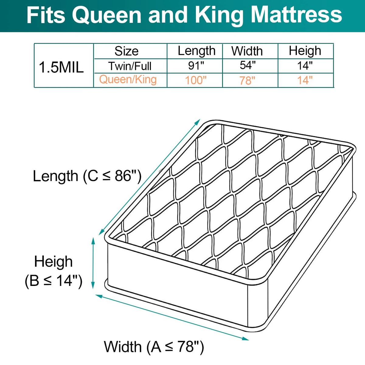 Heavy Duty Waterproof Mattress Bag for Queen King (78x14x100)