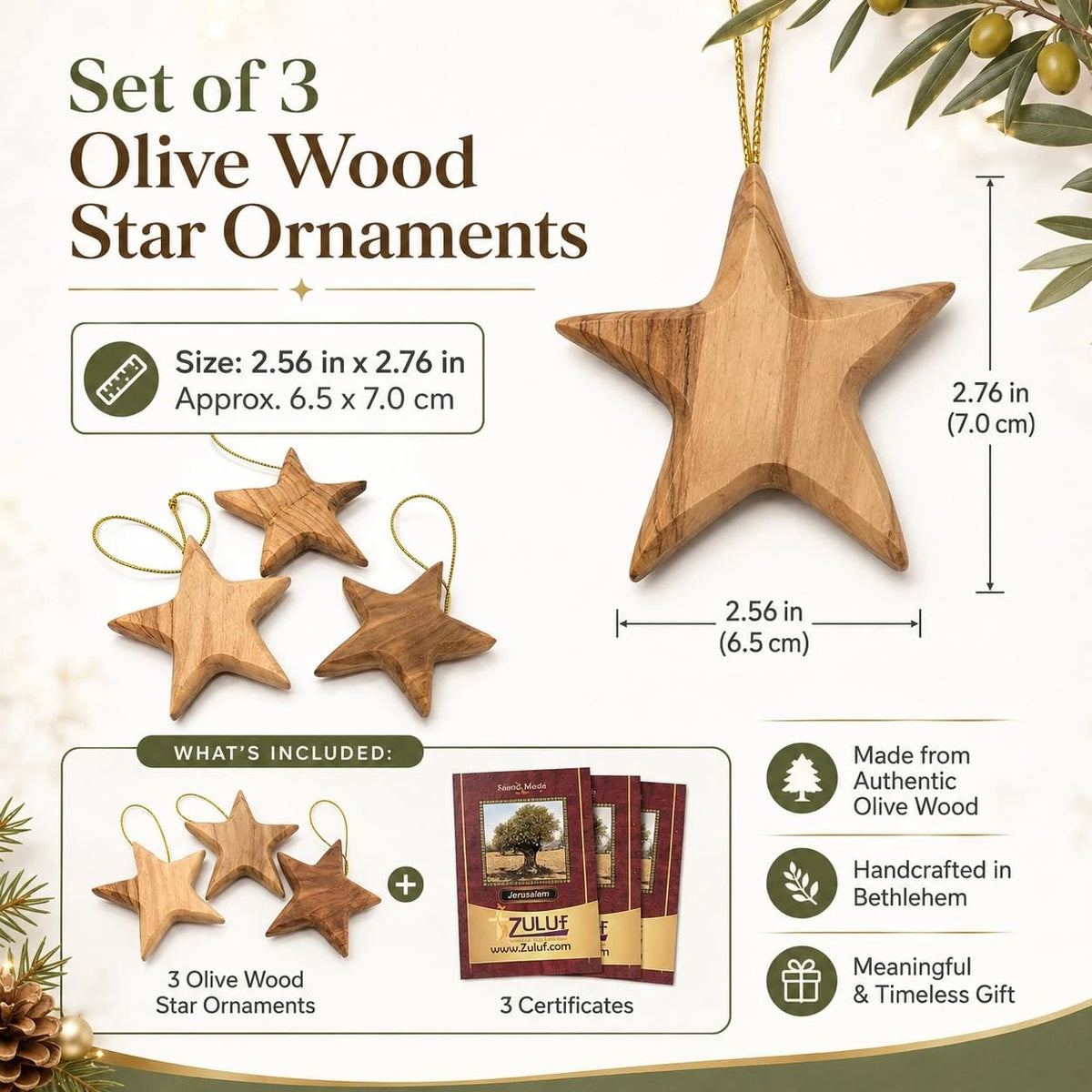 Set of 3 Olive Wood Star Ornaments for Home Decor (Handcrafted)