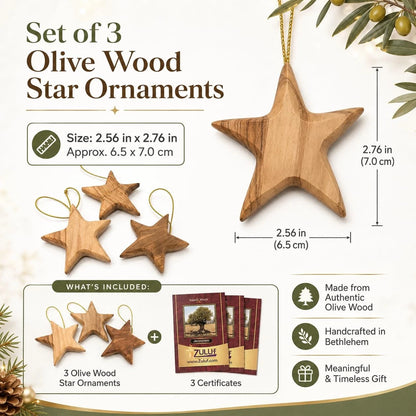 Set of 3 Olive Wood Star Ornaments for Home Decor (Handcrafted)