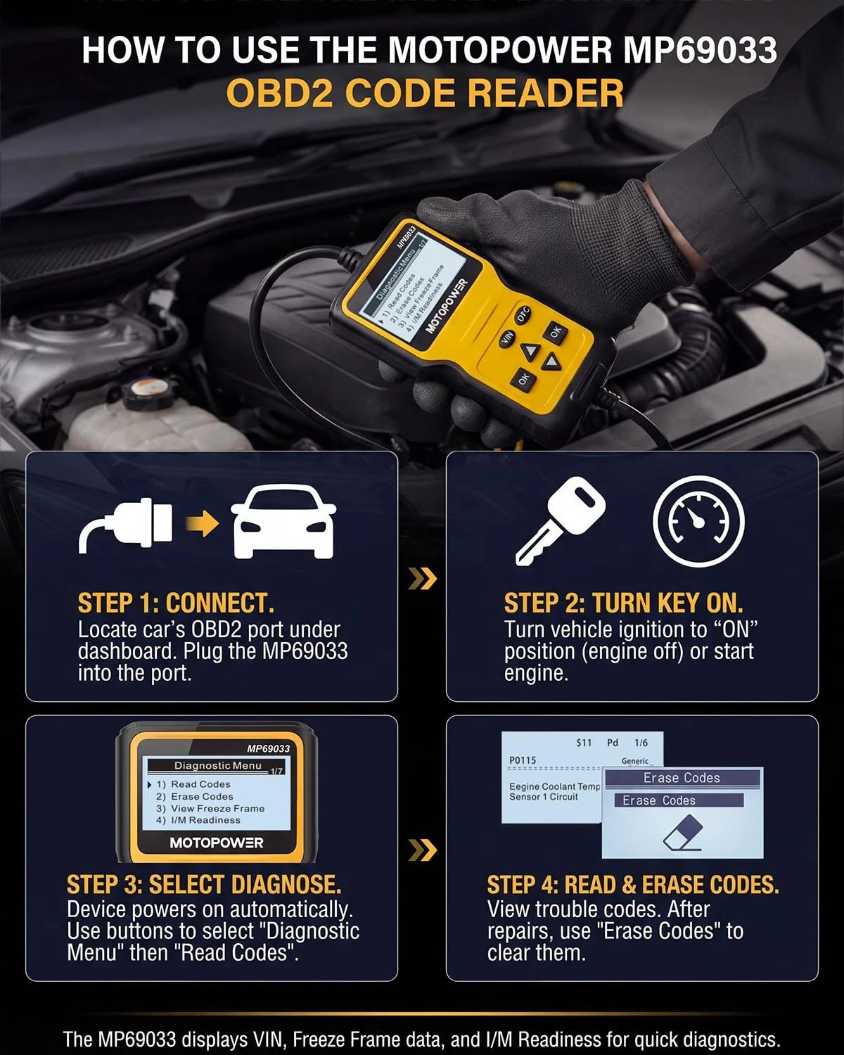 OBD2 Scanner Code Reader for Car (Portable, Yellow)