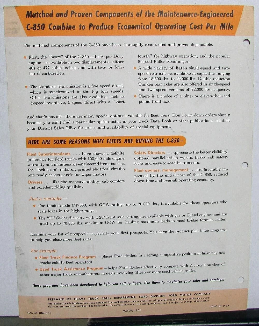 Sales Brochure for 1961 Ford Truck C 850 Versatile Highway Tractor