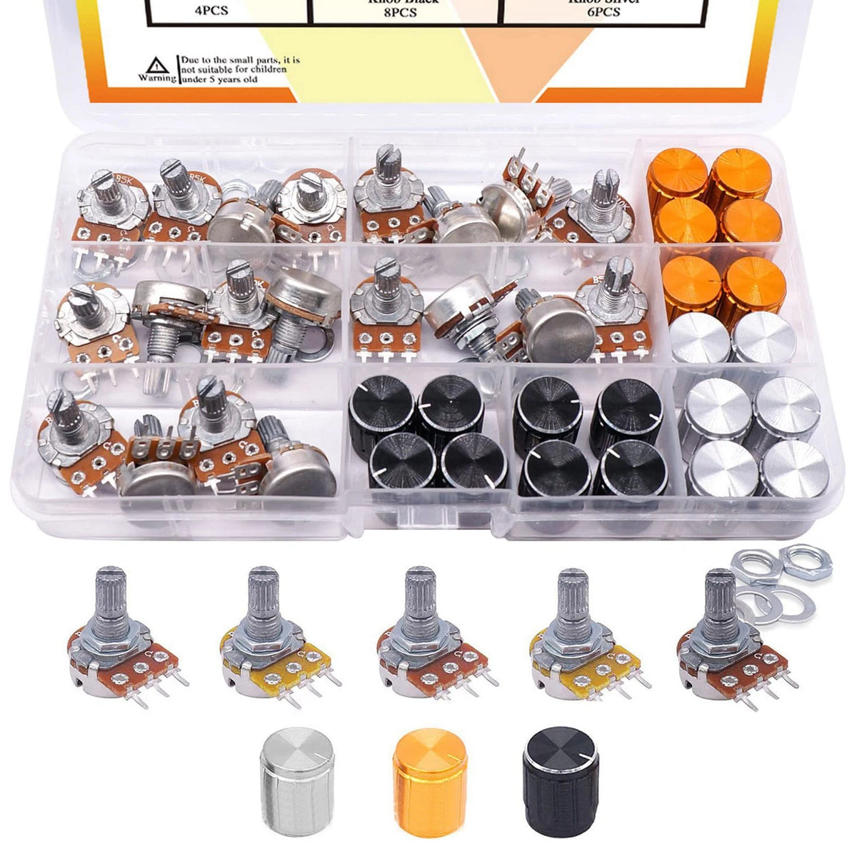 60pcs Set of Audio Potentiometers with 3-Color Rotary Knobs