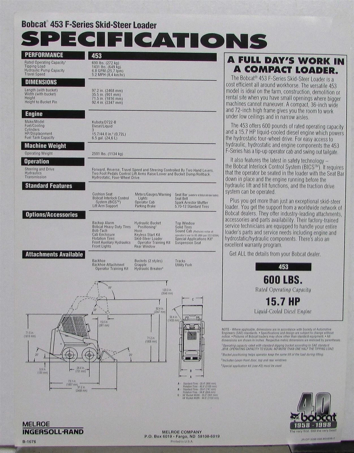 Sales Sheet for Bobcat 453 F-Series Skid Steer Loaders (1998)