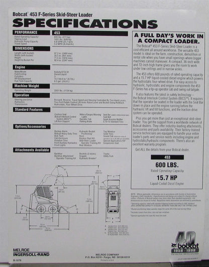 Sales Sheet for Bobcat 453 F-Series Skid Steer Loaders (1998)