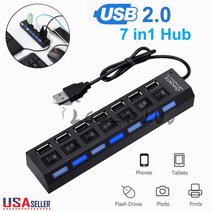 7 Port USB 2.0 Hub Splitter Adapter for PC Laptop Mac Desktop