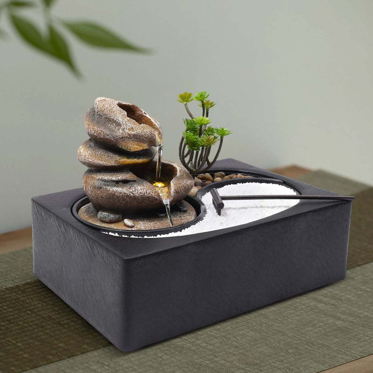 Indoor Water Fountain with LED Light for Rock Garden Desk