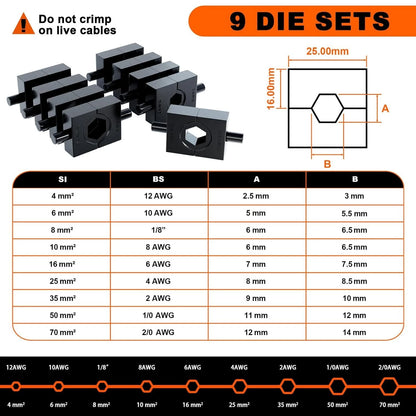 Hydraulic Crimping Tool Kit for Cable Cutter and Terminal (12 AWG to 2/0 AWG)