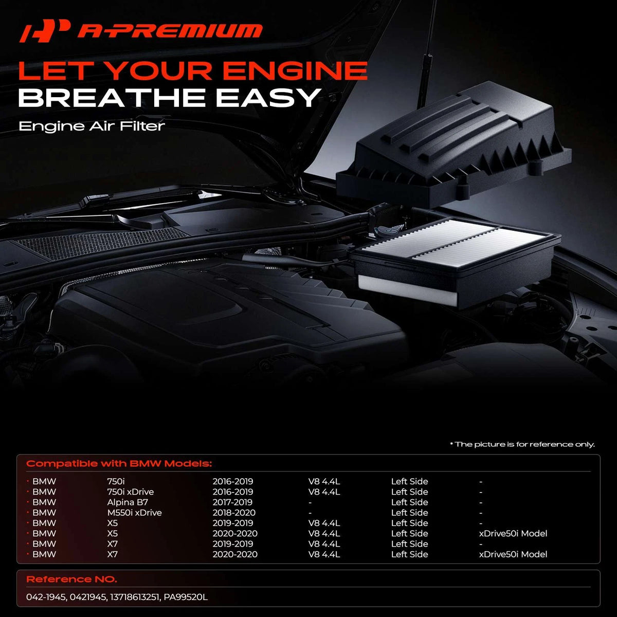 Engine Air Filter for BMW X5 M550i 750i (2018–2019) 13718613251, 0421945