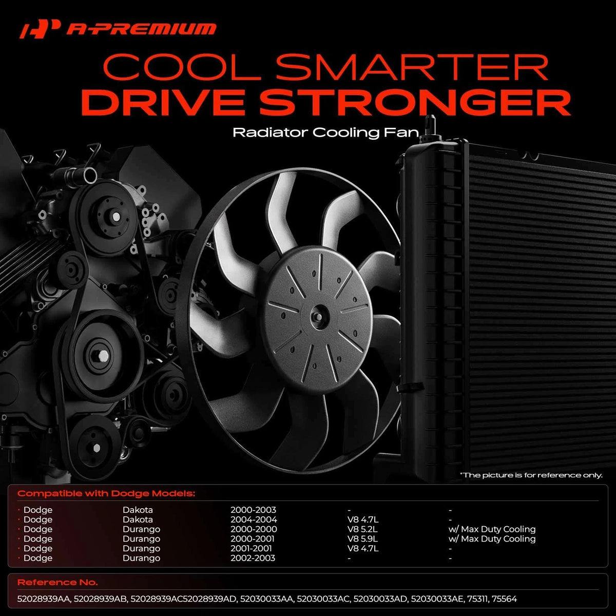 Cooling Fan Assembly w/ Shroud for Dodge Durango Dakota (2000–2004) 52030033AD 52030033AE 620030 620029 620880 75564