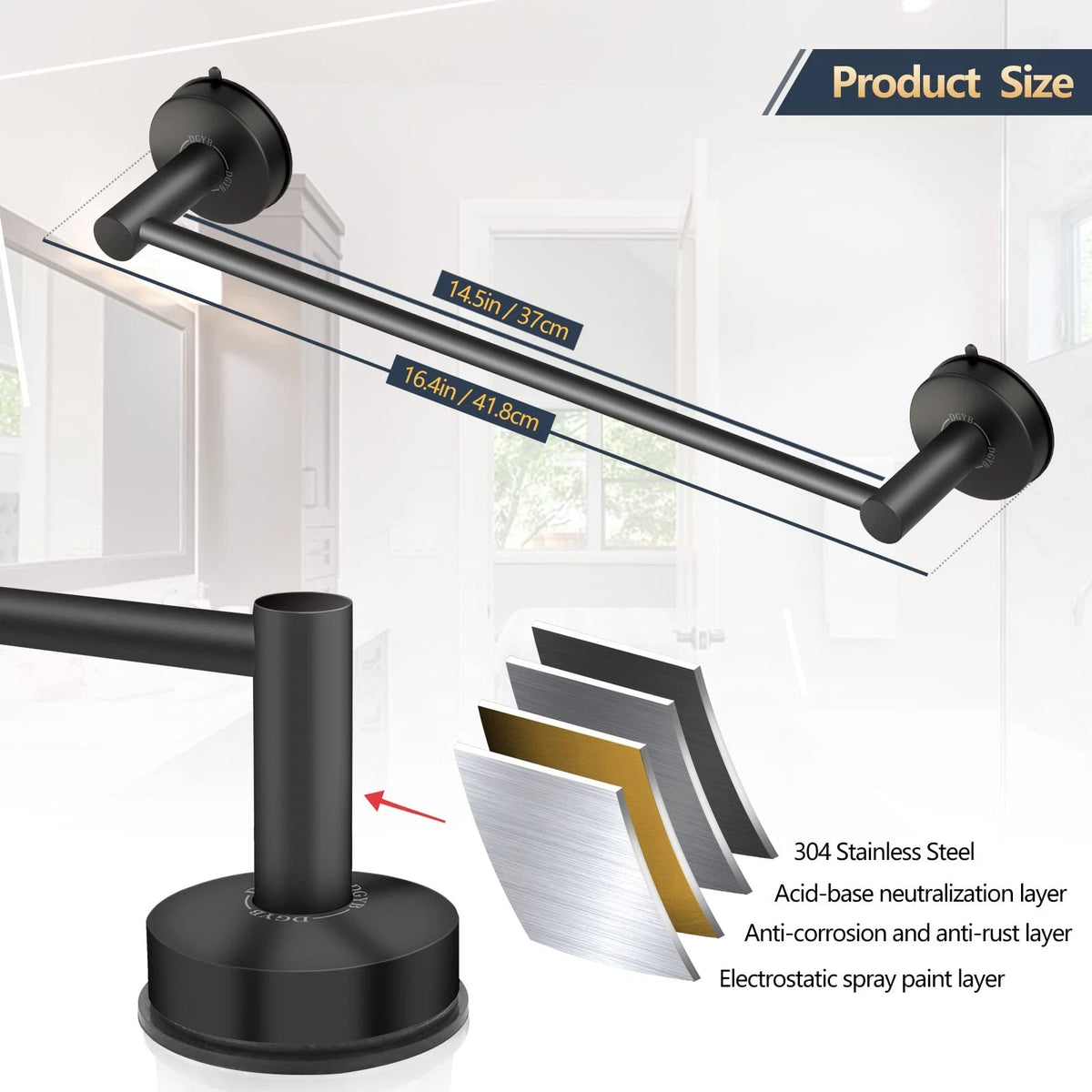 Suction Cup Towel Bar for Bathroom 17 Inch Matte Black