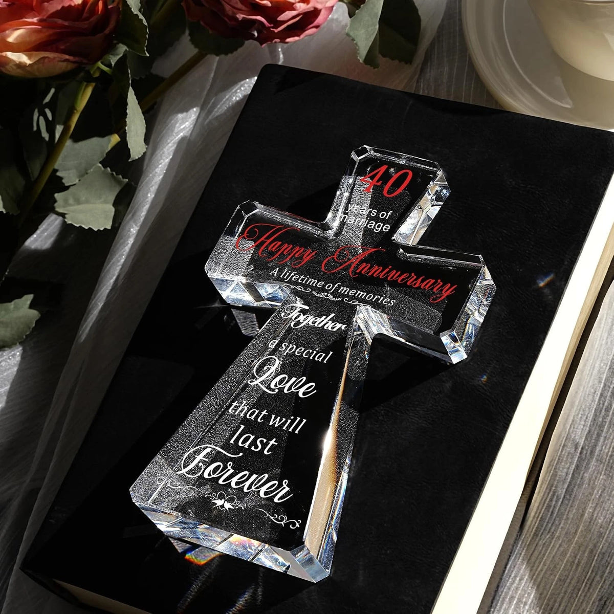 40th Wedding Anniversary Crystal Cross Gift for Couple (4x6 Inches)