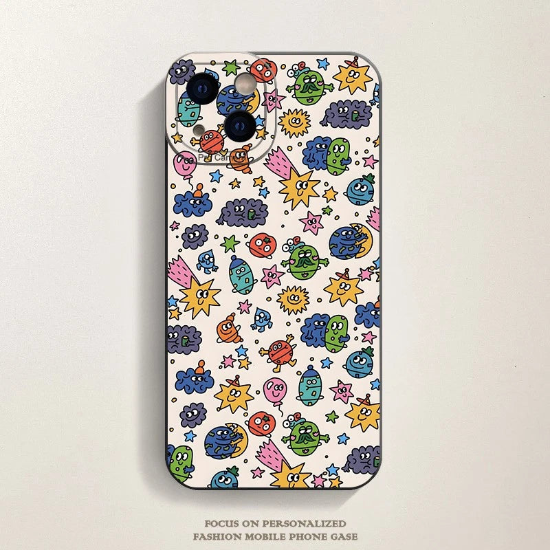 TPU Phone Case for iPhone 11 to 17 Pro - Hand Drawn Multicolor Galaxy Creatures