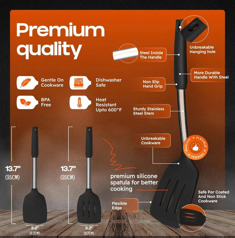 Set of 2 Silicone Spatulas for Kitchen Cooking (13.7"L x 3.2"W)