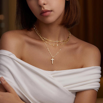Layered Gold Cross Necklace for Women, 14k Adjustable (14-52.07 cm)