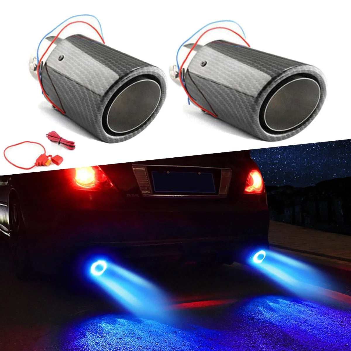 2X LED Muffler Tip Tail Pipe for Universal Fit (Carbon Fiber)