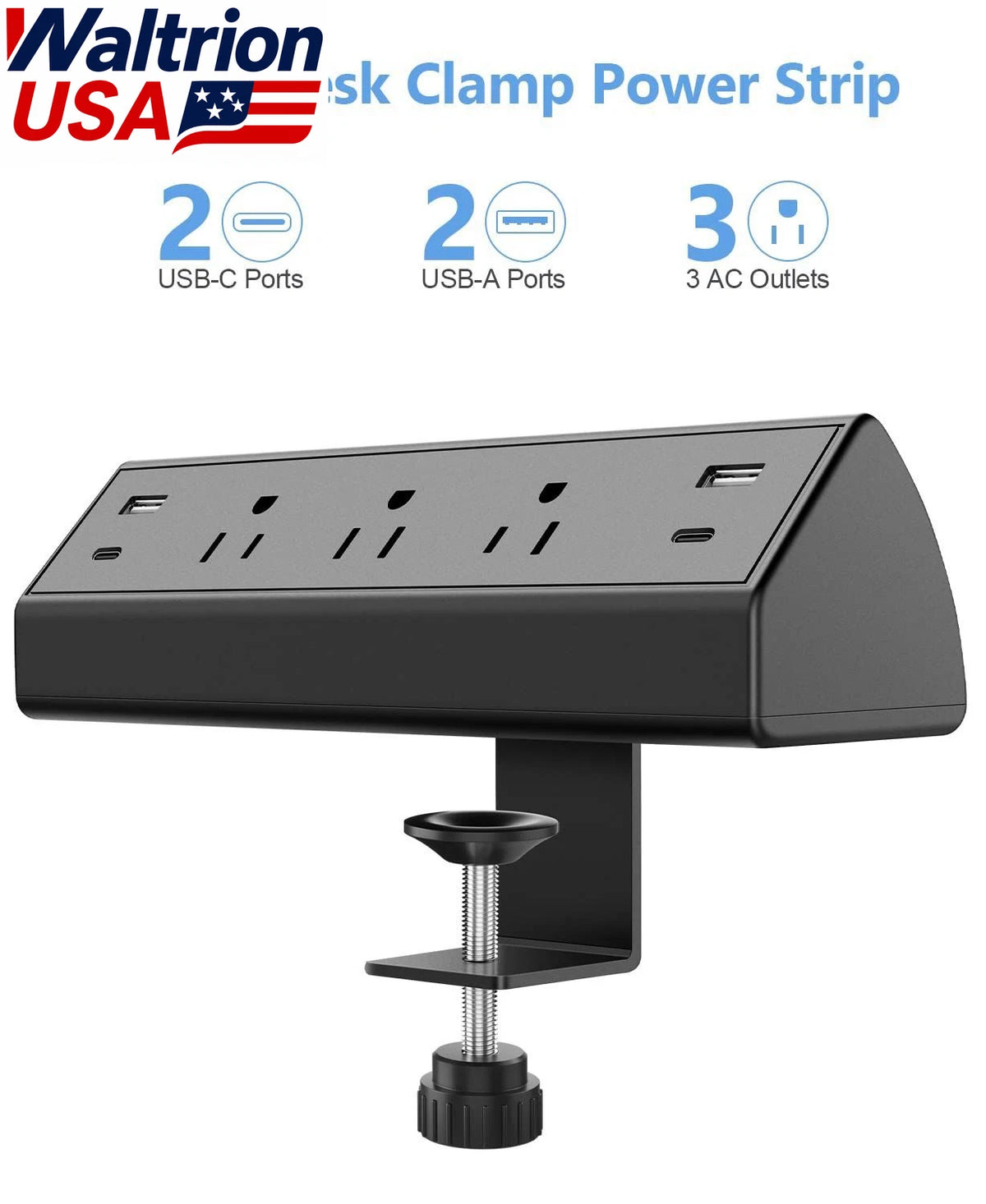 Desk Clamp Power Strip Surge Protector with 3 Outlets & 2 USB C PD 20W