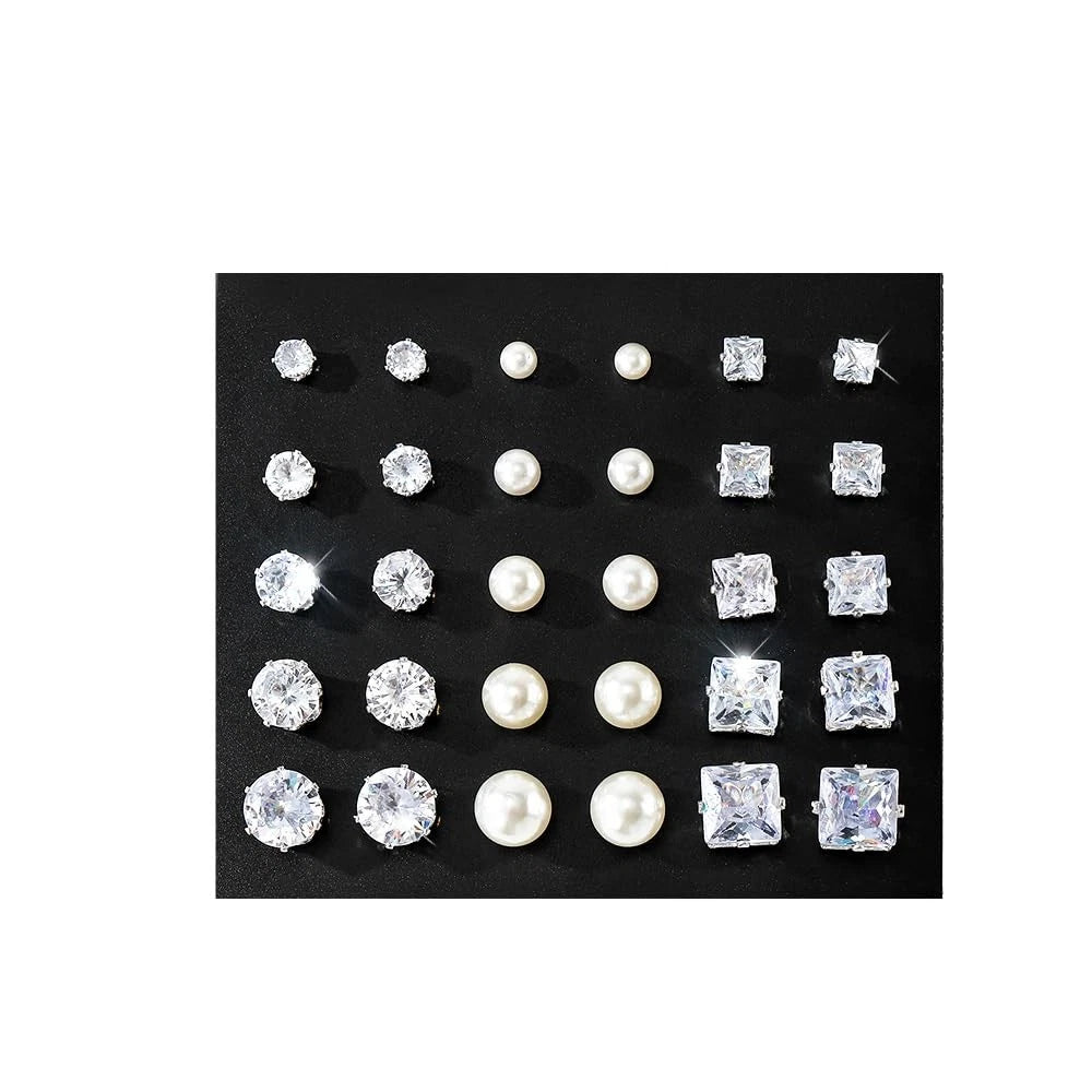 Set of 4 Silver Stud Earrings for Women - Round, Square, Triangle, Teardrop