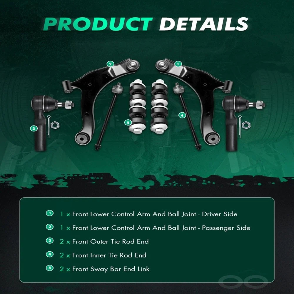 8pc Steering Kit Control Arm Sway Bar Tie Rods for PT Cruiser, Dodge Neon (2001–2010)