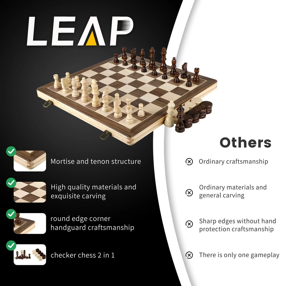 15" Wooden Chess and Checker Set - Walnut Black/Brown
