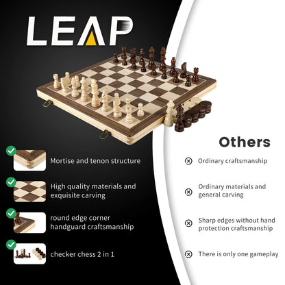 15" Wooden Chess and Checker Set - Walnut Black/Brown